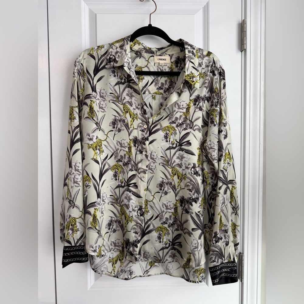 L’AGENCE Women’s Tyler Holly Floral Silk Shirt Mixed Motif Luxury Size XL - Picture 1 of 12